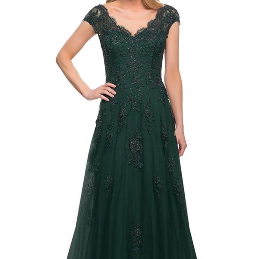 La Femme Dark Emerald Green Embellished Tulle & Lace A-Line Gown